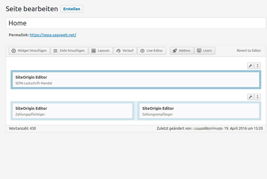 WordPress SEPA Direct Debit Mandate - Layout Structure with SiteOrigin Page Builder