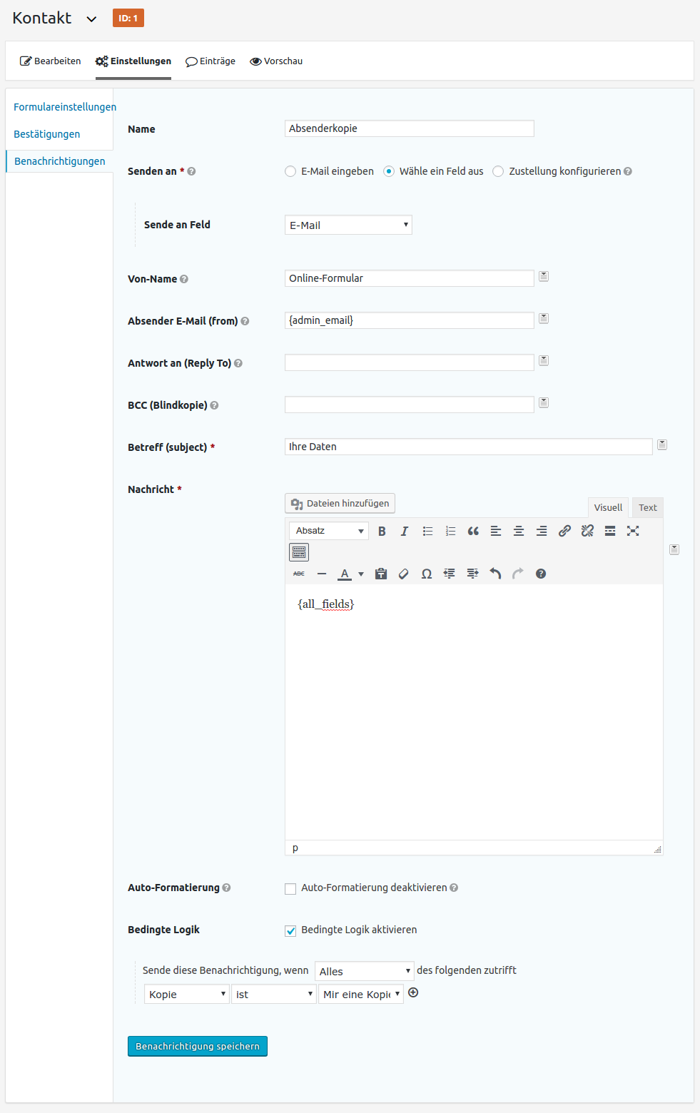 Step 2: Setting up the Email Notification for the Sender of the Form Gravity Forms: Notification to the Sender with Conditional Logic