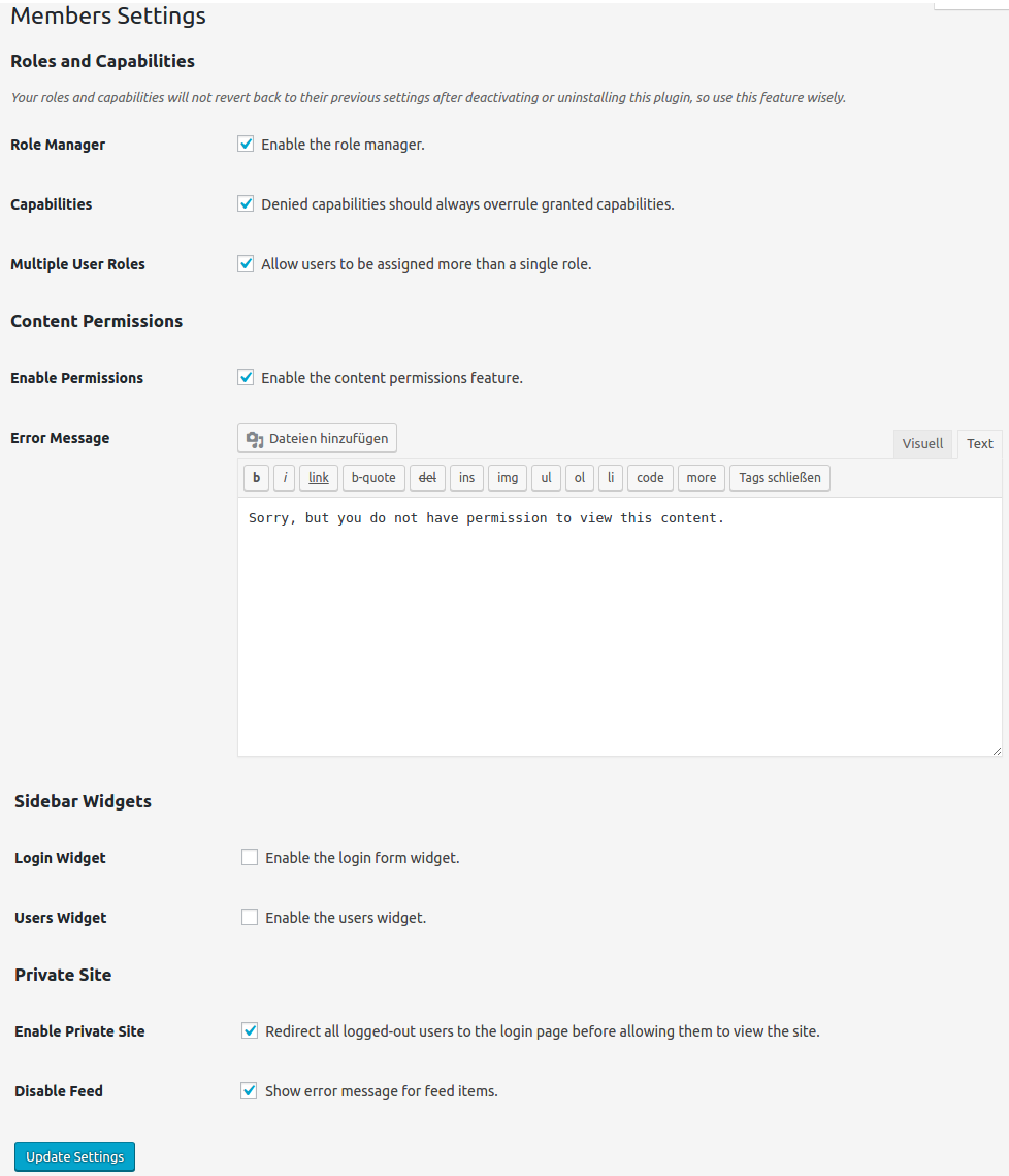Settings for the Members Plugin Members Plugin Settings in WordPress