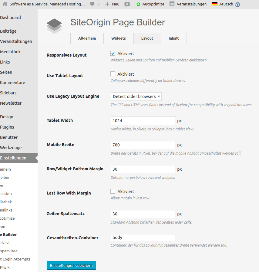 Settings for SiteOrigin: Supported Post Types, Breakpoints...