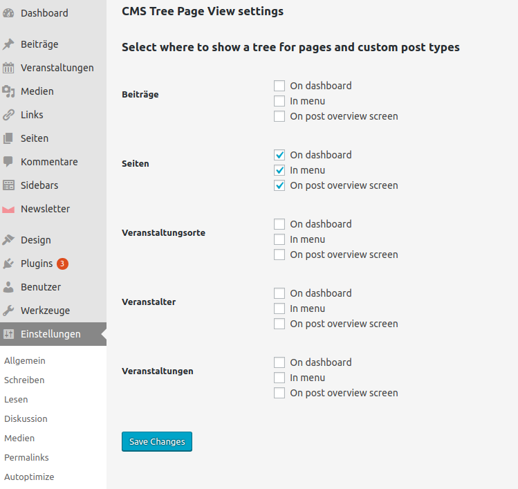 Paramètres de CMS Tree Page View